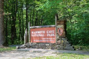 National Park wood and stone entrance sign that reads "Mammoth Cave National Park A World Heritage Site and International Biosphere Reserve".  Green summer trees surround the sign.