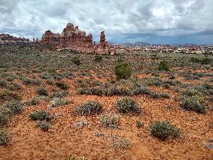 Photo of the Chesler Park area of the Needles District of Canyonlands. Photo shows Cedar Mesa sandstone spires and a blackbrush plain with biological soil crust in the foreground and storm clouds on the horizon.