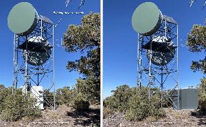 The photo on the left shows the existing conditions: a gray-colored tower with two large round microwave drums and solar panels on it. There is a white shed under the tower, between the tower legs. The photo on the right shows the same photograph modified to show the project proposal. The white shed has been removed, and a gray shed is to the right of the tower.