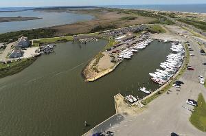 Aerial View of Oregon Inlet Marina, US Coast Guard Station Oregon Inlet and the NPS Public Boat Ramp.