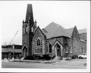 Black and white photo of Grace Lutheran Church's west (front) elevation