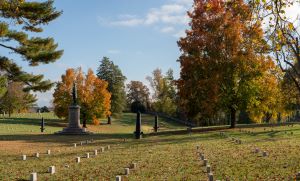 Fredericksburg National Cemetery on sunny fall day with Humphreys Monument.