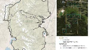 Map of Rocky Mountain National Park with a secondary map of the nine NEON plots on the Leiffer Property in the park.