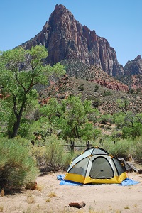 Camping tent stands on ground surrounded by green vegetation with red rock rising high in the background.