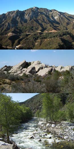 The San Gabriel Mountains, Devil's Punchbowl, and the West Fork of the San Gabriel River.