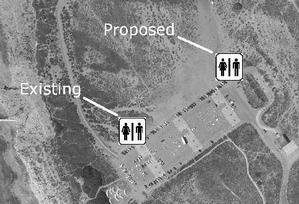 Aerial view of current location of porta-potties and proposed location for new restrooms.