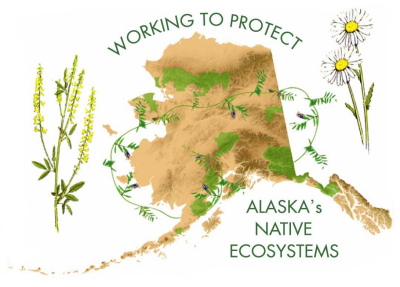 The cover image depicts a tan map of Alaska with NPS units shown in green and invasive plants species wrapped about and shown astride the map of Alaska.