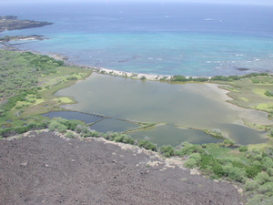 Aerial view photo of ʻAimakapā Fishpond and wetlands looking seaward.