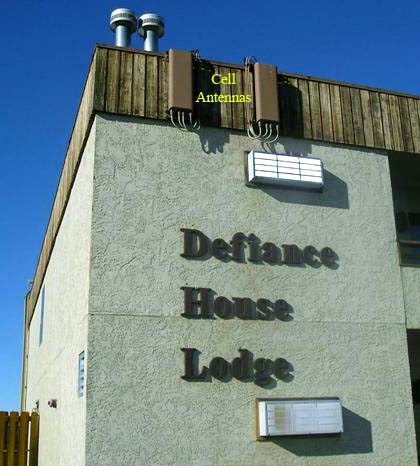 Commnet cellular antennas mounted on the Defiance House Lodge at Bullfrog, Utah (NPS photo by Cathy Burns).