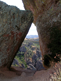 Pinnacles National Monument view through a rock crevice.