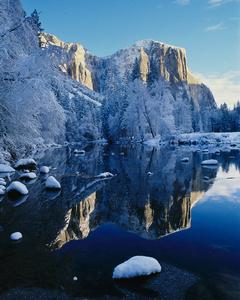 The Merced River in winter, shown flowing by the iconic El Capitan in Yosemite Valley. Photo by Christine White Loberg/NPS
