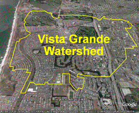Aerial view of the City of Daly City with the Vista Grande Watershed outlined