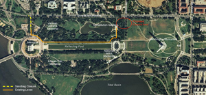Aerial Photo of Potomac Park that shows levee system which begins in the vicinity of 23rd street and is parallel to the Lincoln Memorial Reflecting Pool.  The levee connects with the Washington Monument Grounds at 17th street.