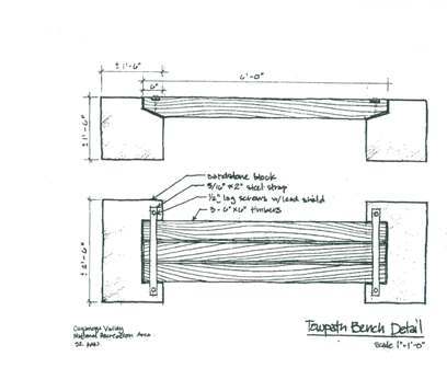 Schematic of the bench style to be used throughout the park.  The bench style consists of two square blocks of concrete or cut stone with a wooden board seat.  The bench is backless.