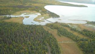 Brooks River, Brooks Camp, and Naknek Lake as viewed from an airplane.