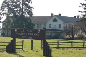 View of Building 989, a ca. 1904 Infantry Barracks structure, one of 19 historic structures in the East and South Barracks. 