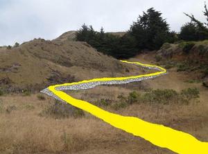 An edited landscape photo showing a considered portion of the trail alignment for the Milagra Battery Trail, with rock walls to provide a sustainable grade .