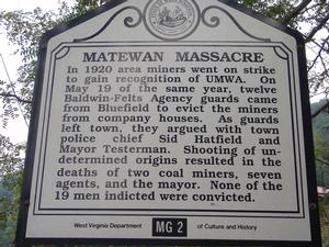 This is a color photo of the historical marker in West Virginia briefly describing the Battle of Matewan, also known as the Matewan Massacre, in 1920.