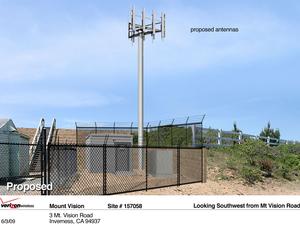 Simulation of how the proposed wireless communication tower, support buildings, and perimeter chain link fencing might appear if viewed from Mt. Vision Road looking to the southwest. A portion of the existing FAA facility is visible to the left of the simulated Verizon facility.