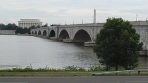 View of the Arlington Memorial Bridge, Lincoln Memorial, and Washington Monument from the George Washington Memorial Parkway