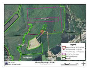 Figure 1: Map of the proposed well pad location (red square), the proposed access road (red dotted line), and the proposed bottomhole location (red dot) in relation to the Beaumont Unit of Big Thicket National Preserve (green dotted boundary). The Mil-Vid lease is pictured in magenta.