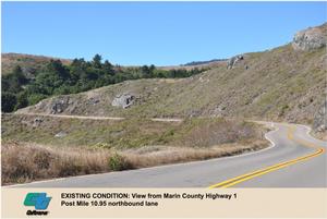 Much of Highway 1 is a sinuous and narrow.  PM 10.95, on State Parks land, would be widened with 12-foot lanes with new shoulders as part of the proposed retaining wall contruction.