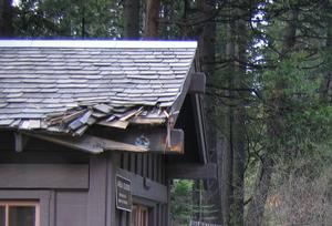 Photo of roof damage to South Entrance structure from vehicle collision