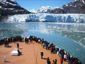 Cruise ship passengers viewing Margerie Glacier. 