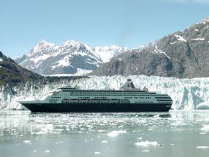 Cruise ship at a glacier face in Glacier Bay.