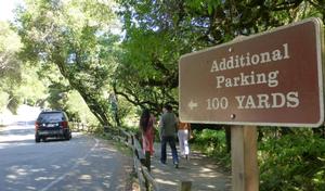 Sign along Muir Woods road stating "Additional Parking 100 yards" with a view of the road and two pedestrians walking along the pathway.