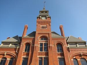 View of the brick Pullman Administration Building clocktower.