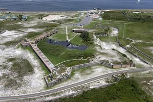 Photo of Fort Pickens with Ferry Pier and Support Facilities in the Background