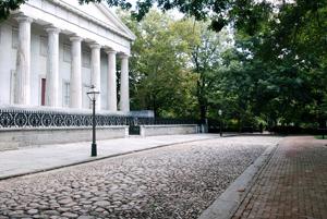 Photograph of south facade of the Second Bank of the United States and adjacent paving