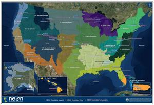 Map showing how NEON has divided the country into 20 Domains based on varied ecosystems