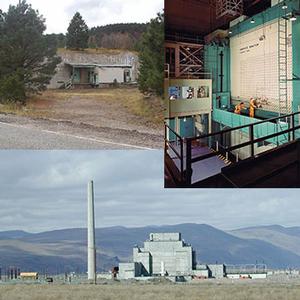 Photo contains 3 images: top left the gun site among trees in Los Alamos, New Mexico; top right is showing the Graphite Reactor in Oak Ridge, Tennessee; and the bottom image in the Hanford B reactor found outdoors under gray skies and with hills in background in Hanford, Washington.