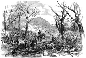 Black and white illustration of lines of Confederate and U.S. troops running into battle amongst bare trees.  A general mounted on horseback is located in the center of the image.