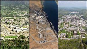 Three photos: aerial of Los Alamos, B Reactor at Hanford and Oak Ridge