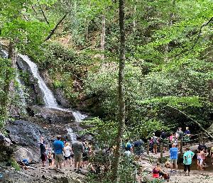 Photograph of Laurel Falls in Great Smoky Mountains National Park with more than 30 visitors taking in the view after a 1.3-mile hike on the Laurel Falls Trail.