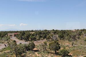 Photo from the Desert View Watchtower, looking south toward the San Francisco Peaks. Views includes the existing NPS Radio Tower at Desert View, approximately 80 ft tall.