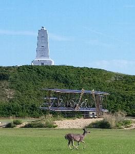 Wright Brothers Memorial in background with bronze flyer sculpture and deer in foreground