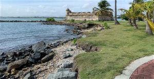 Image of Fort San Juan de la Cruz showing erosion on shoreline to the north of the fortification