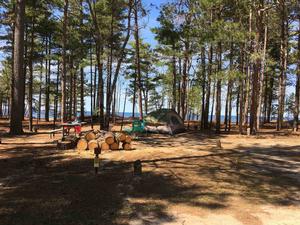 Campsite at Twelvemile Beach Campground. Tent on camp pad. Picnic table, fire ring, wood. Site is surrounded by pine trees and includes a view of Lake Superior.