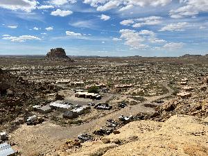 Photo of Chaco housing and maintenance area with Fajada Butte in the background.