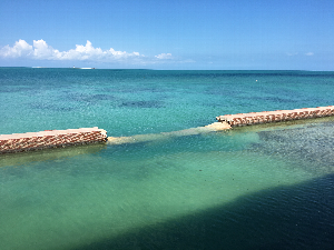 View of the largest area of the counterscarp damaged by Hurricane Irma. In far horizon, the Loggerhead Key Lighthouse can be seen.