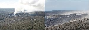 Then and now. It has proven difficult to exactly match past and present views of Kīlauea's summit to show the dramatic changes in the volcanic landscape, but here's our latest attempt. At left is a photo taken on November 28, 2008, with a distinct gas plume rising from the vent that had opened within Halema'uma'u about eight months earlier. At right is a photo taken on August 1, 2018, to approximate the 2008 view for comparison.