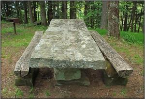 Photo of stone picnic table with log seats in Heintooga Picnic Area, Great Smoky Mountains National Park, North Carolina.