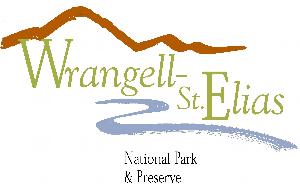 Park logo for Wrangell-St. Elias National Park and Preserve with a line signifying mountains above and a line signifying a river under the words "Wrangell-St. Elias".